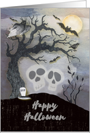 Happy Halloween Creepy Woods with Skulls Trees Bats card