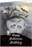 Happy Halloween Birthday Creepy Woods with Skulls Trees Bats card