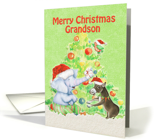 Merry Christmas to Grandson Cute Elephant,Donkey,Bird and Tree card