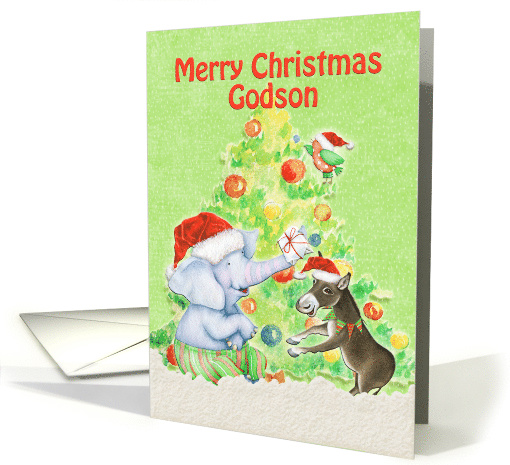 Merry Christmas to Godson Cute Elephant,Donkey,Bird and Tree card