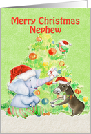 Merry Christmas to Nephew Cute Elephant,Donkey,Bird and Tree card