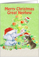 Merry Christmas to Great Nephew Cute Elephant Donkey Bird and Tree card