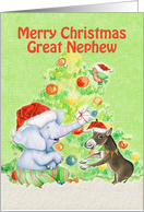 Merry Christmas to Great Nephew Cute Elephant,Donkey,Bird and Tree card