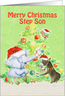 Merry Christmas to Step Son Cute Elephant,Donkey,Bird and Tree card