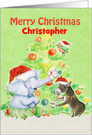 Merry Christmas for Kids Custom Name Cute Elephant,Donkey,Bird & Tree card