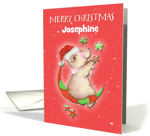 Merry Christmas Custom Name Adorable Teddy Bear Moon and Stars card