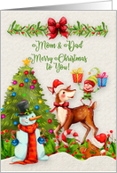 Merry Christmas to Mom and Dad Parents Christmas Scene Reindeer Elf card