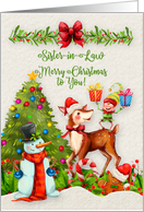 Merry Christmas to Sister-in-Law Christmas Scene Reindeer Elf Snowman card