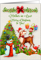 Merry Christmas to Mother-in-Law Christmas Scene Reindeer Elf card