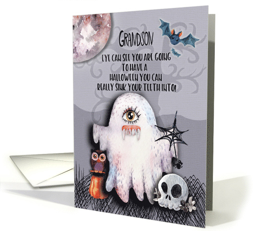 Happy Halloween to Grandson Halloween Scene Ghost Funny Pun card