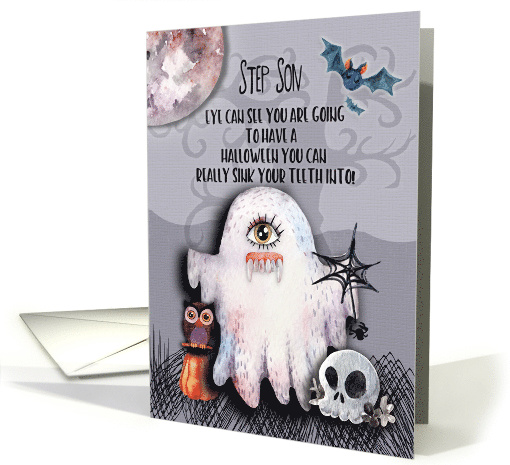 Happy Halloween to Step Son Halloween Scene Ghost Funny Pun card