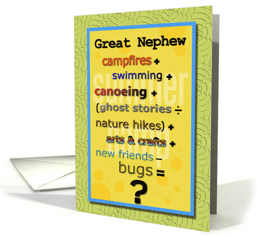 Thinking of You Great Nephew at Summer Camp Humorous Math Problem card