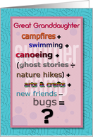 Thinking of You Great Granddaughter Summer Camp Humorous Math Problem card