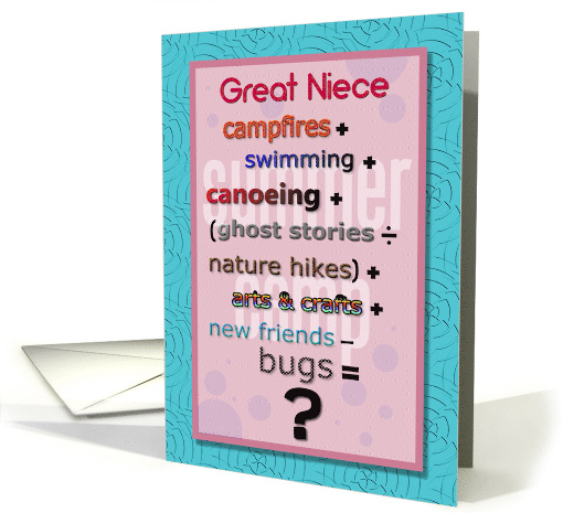 Thinking of You Great Niece Summer Camp Humorous Math Problem card