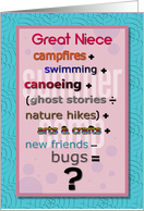 Thinking of You Great Niece Summer Camp Humorous Math Problem card