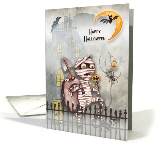 Happy Halloween Little Mummy Creepy Scene with Haunted House card