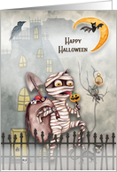 Happy Halloween Little Mummy Creepy Scene with Haunted House card