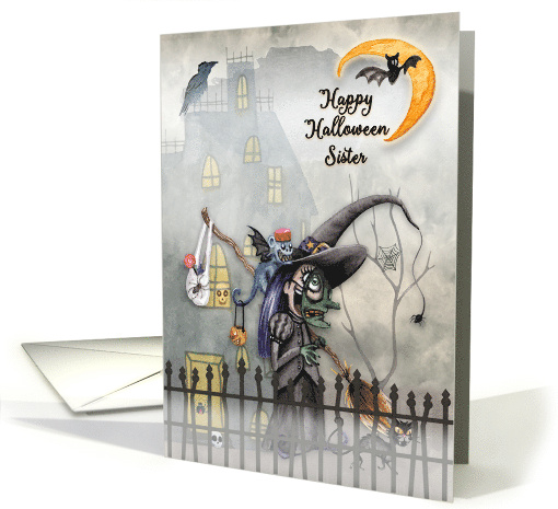 Sister Halloween Little Witch Creepy Scene Haunted House card