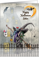 Sister Halloween Little Witch Creepy Scene Haunted House card
