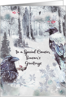 Season’s Greetings to Cousin Winter Woodland Scene with Ravens card