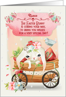 Happy Easter to Niece Cute Bunny in a Wagon with Flowers card