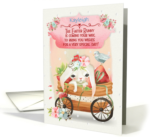 Happy Easter Custom Name Cute Bunny in a Wagon with Flowers card