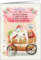 Happy Easter Custom Name Cute Bunny in a Wagon with Flowers card