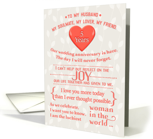 Happy 5th Anniversary to Husband Word Art in Coral card (1557898)