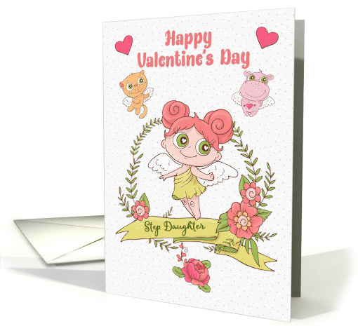 Happy Valentine's Day to Step Daughter Cute Girl and Animals card