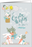 Happy Easter Custom Name Cute Bunnies with Flowers card