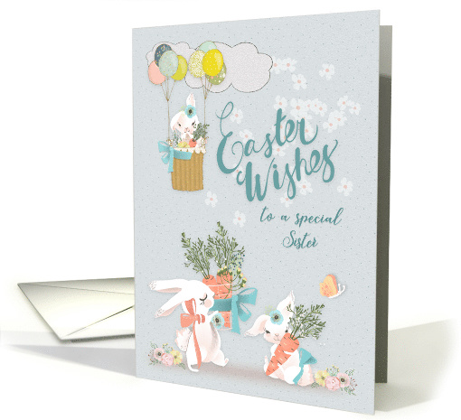 Happy Easter to a Special Sister Cute Bunnies with Flowers card