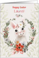 Happy Easter Custom Name Adorable Bunny with Flowers card