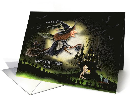 Happy Halloween to Niece Witch Flying by the Moon Creepy Scene card