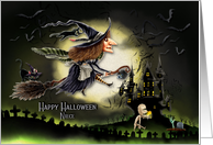 Happy Halloween to Niece Witch Flying by the Moon Creepy Scene card