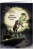 Happy Halloween to Cousin Creepy Scene with Monster on a Cliff card