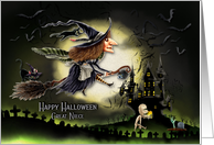 Happy Halloween to Great Niece Witch Flying by the Moon Creepy Scene card