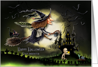 Happy Halloween to Step Daughter Witch Flying by the Moon Creepy Scene card