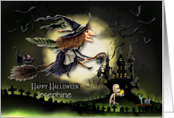 Happy Halloween Custom Name Witch Flying by the Moon Creepy Scene card