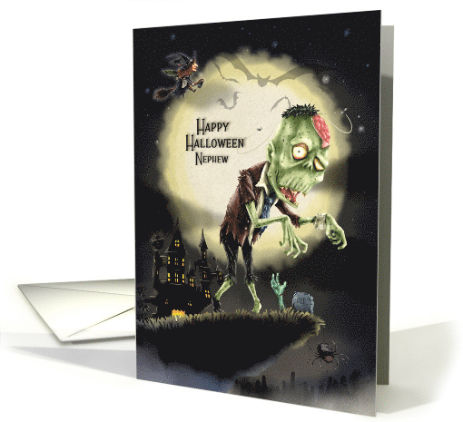Happy Halloween to Nephew Creepy Scene with Monster on a Cliff card