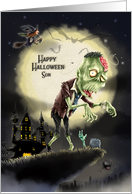 Happy Halloween to Son Creepy Scene with Monster on a Cliff card
