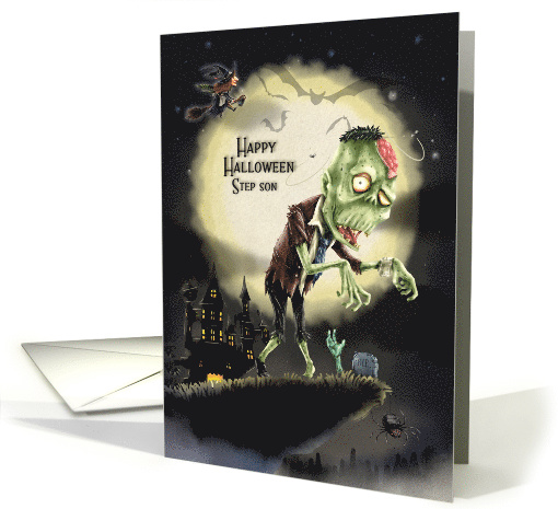 Happy Halloween to Step Son Creepy Scene with Monster on a Cliff card