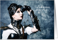 Happy Birthday Steampunk Woman Looking into Binoculars card