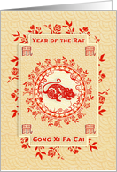 Chinese New Year of the Rat Gong Xi Fa Cai Rat and Flower Wreath card