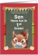 Back to School for Son Entering 1st Grade Cute Squirrel and Chalkboard card