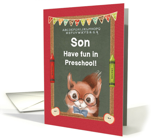 Back to School for Son in Preschool Cute Squirrel and Chalkboard card