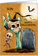 Happy Halloween to Son Skeletons and Bats Graveyard Scene card