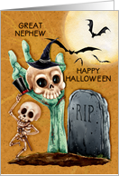 Happy Halloween to Great Nephew Skeletons and Bats Graveyard Scene card