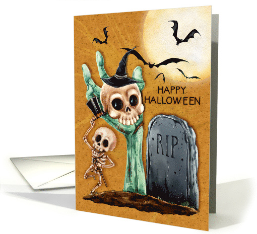 Happy Halloween Skeletons and Bats Graveyard Scene card (1584336)