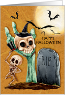 Happy Halloween Skeletons and Bats Graveyard Scene card
