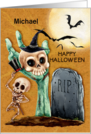 Happy Halloween Custom Name Skeletons and Bats Graveyard Scene card